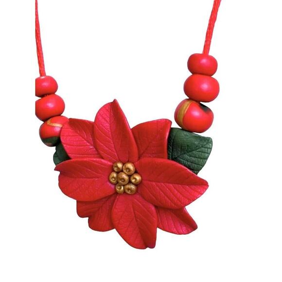 Handmade Polymer Clay Poinsettia Cord Necklace Adustable - Picture 1 of 6